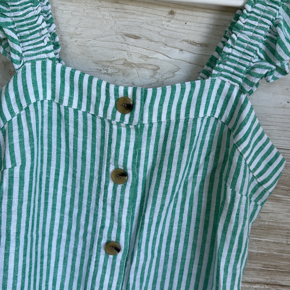 J.Crew Factory Green and white Striped Ruffle Sleeve Tank linen blend Top Sz XSP - Picture 2 of 7